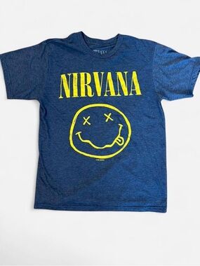 Nirvana Smiley Face Graphic Tee Denim Heather Blue Medium